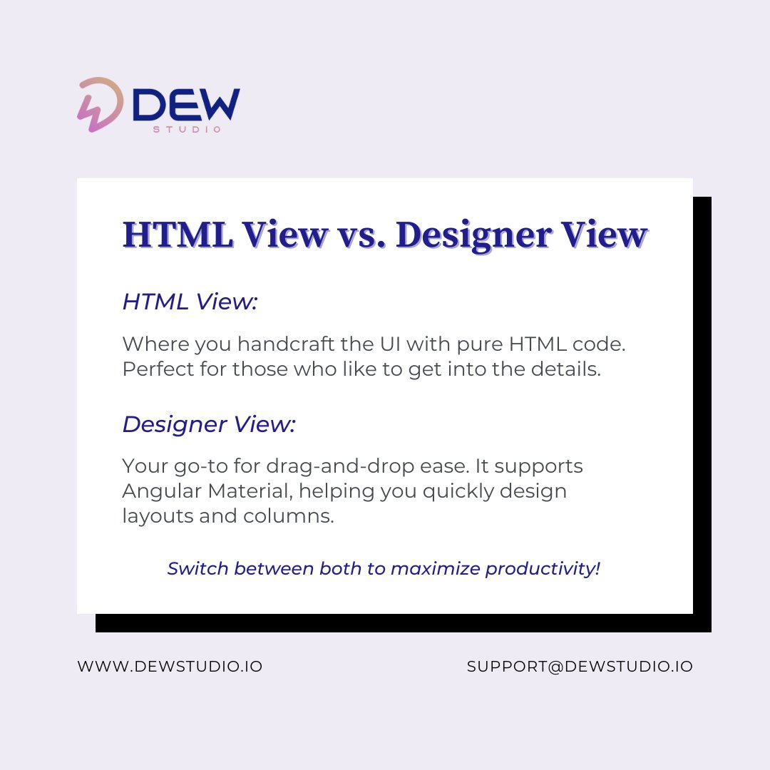 dewstudio_io's tweet image. DEWStudio let you switch among them and make creative UI.
Try the platform. bit.ly/3YBVolO
DEWStudio, a product developed by TechRev LLC
#DEWStudio #lowcodeplatform #lowcodetool #lowcodesolution #lowcode #lowcodeappdevelopment #lowcodeappdevelopmentsolution