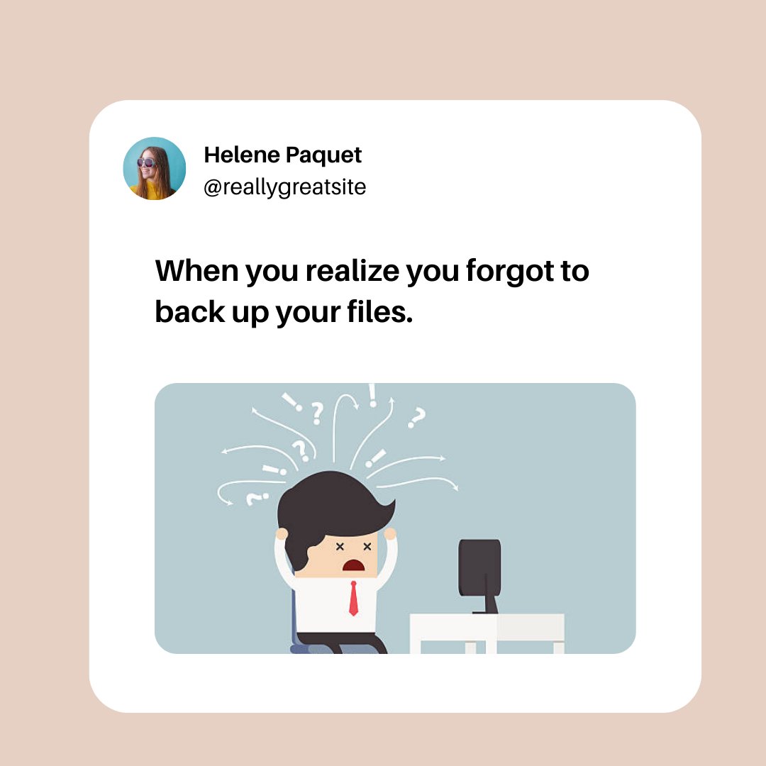 CodinixC's tweet image. When you realize you forgot to back up your files 😩😣😖

#dataloss #backupfail #techhumor #coderlife #programmingproblems #developerlife #softwaredeveloper #techmeme #codinixtech #programmerhumor #techproblems #cloudservices #crm #upgradeyourcrm #codinixtechnologies #Memes