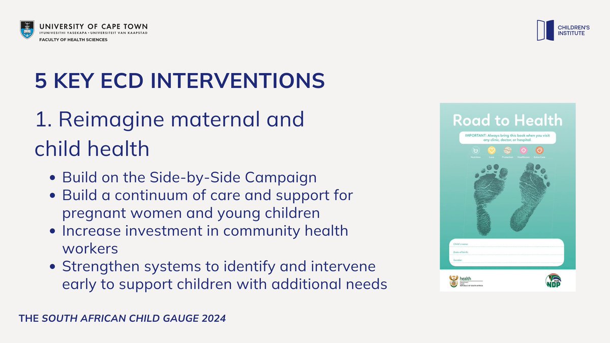 If South Africa does not invest earlier in health, development, nutrition &amp; care of pregnant women &amp; young children, the best attempts at later improvement are likely to yield only partial success.
➡️5 key #ECD interventions put forward by #ChildGauge2024 bit.ly/4fV4C5y