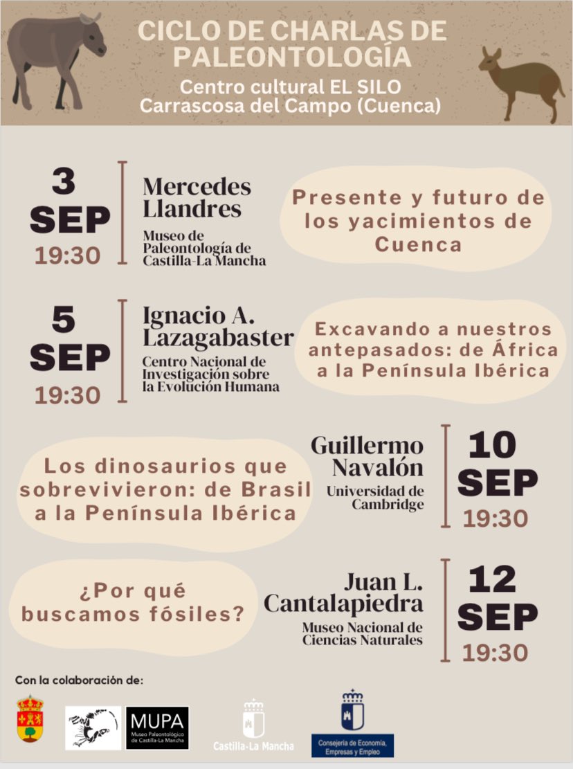 Loranca Basin Research Project (@lorancabasin) on Twitter photo Buenas tardes!! ANUNCIO IMPORTANTE📢📢: Este año, gracias a la colaboración del <a href="/MuPaclm/">Museo de Paleontología de Castilla-La Mancha</a> y <a href="/JCCMCuenca/">JCCMCuenca</a> , vamos a realizar un ciclo de conferencias sobre paleontología y evolución para todos los públicos. Las charlas serán en Carrascosa del Campo (Cuenca). +info 👇🏼👇🏼👇🏼 Buenas tardes!! ANUNCIO IMPORTANTE📢📢: Este año, gracias a la colaboración del <a href="/MuPaclm/">Museo de Paleontología de Castilla-La Mancha</a> y <a href="/JCCMCuenca/">JCCMCuenca</a> , vamos a realizar un ciclo de conferencias sobre paleontología y evolución para todos los públicos. Las charlas serán en Carrascosa del Campo (Cuenca). +info 👇🏼👇🏼👇🏼
