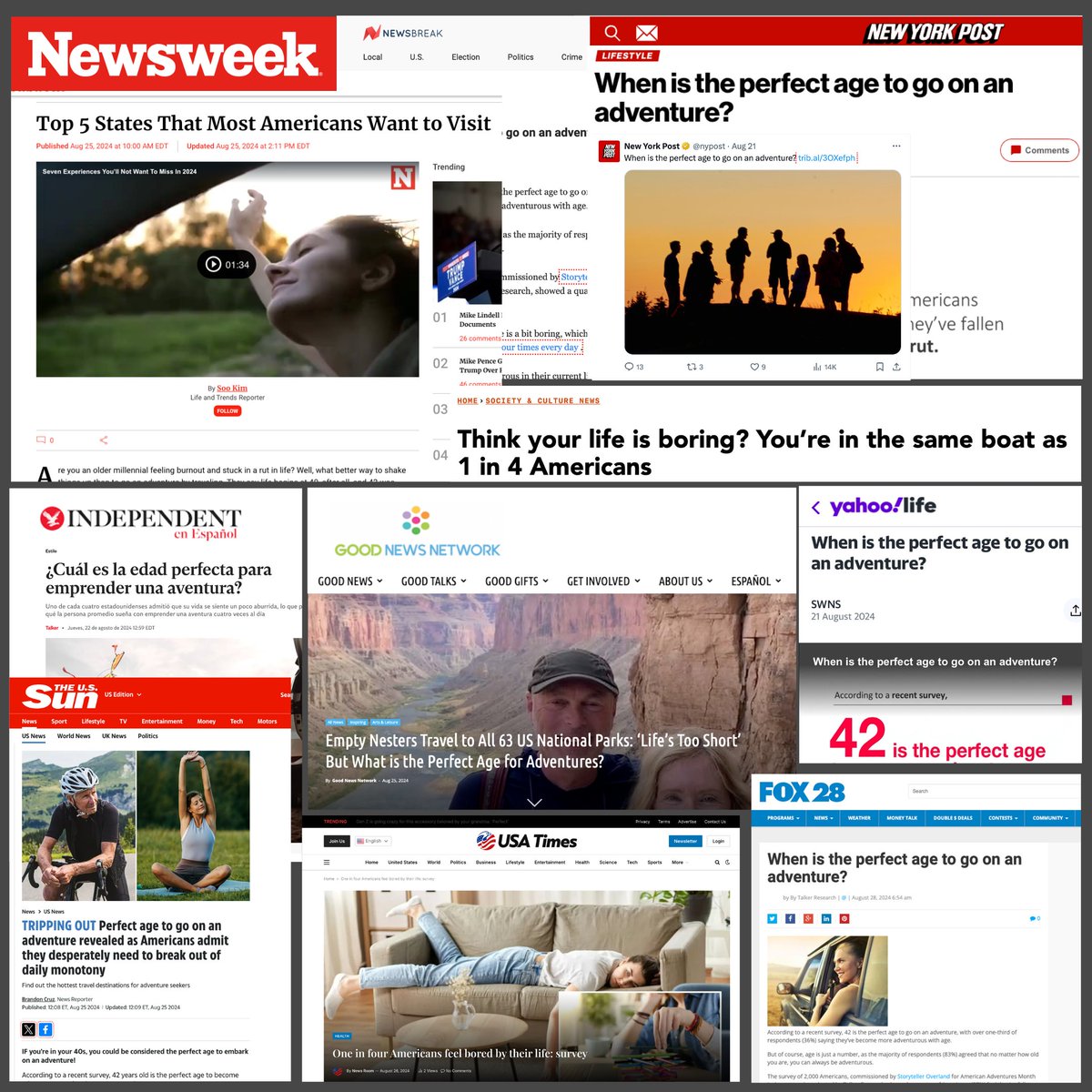 We are Talker (@we_are_talker) on Twitter photo Our poll of 2,000 Americans found 42 is the perfect age to go on an adventure.
Conducted for Storyteller Overland for #AmericanAdventuresMonth, the story is clocking up some impressive media coverage.
Top 5 states Americans want to visit: hubs.ly/Q02M_Z2Y0 Our poll of 2,000 Americans found 42 is the perfect age to go on an adventure.
Conducted for Storyteller Overland for #AmericanAdventuresMonth, the story is clocking up some impressive media coverage.
Top 5 states Americans want to visit: hubs.ly/Q02M_Z2Y0