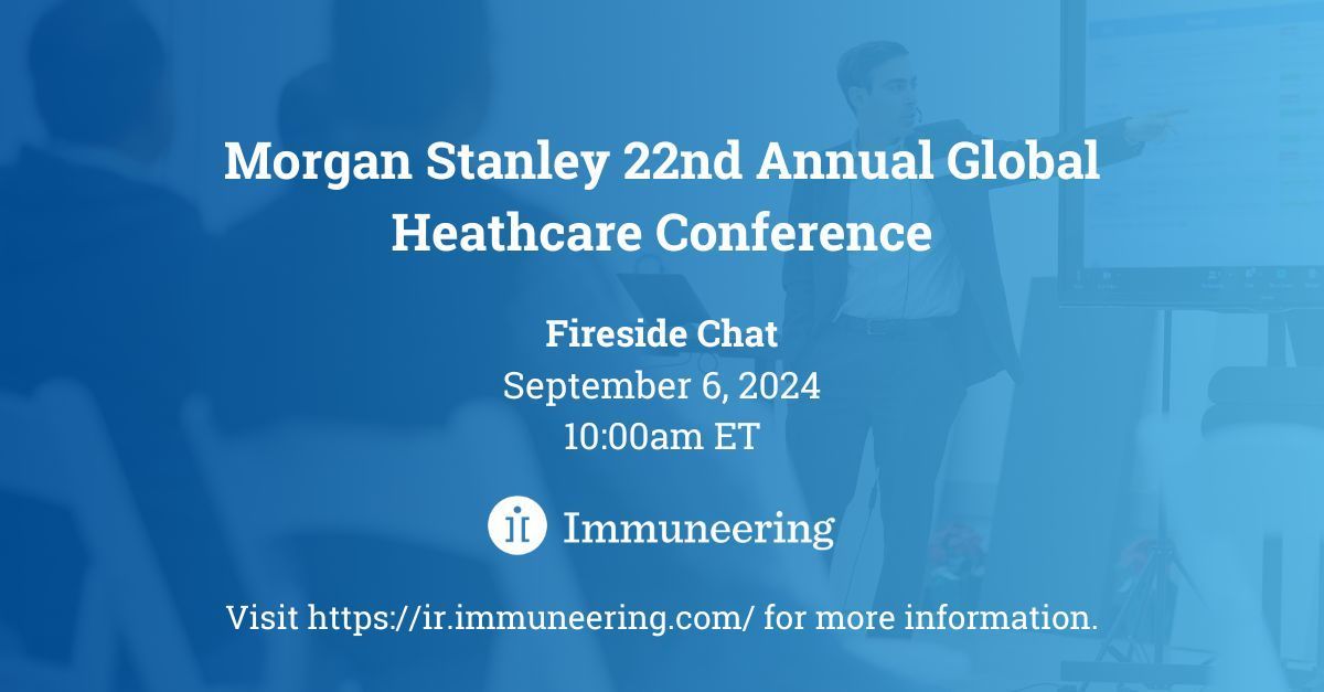 Immuneering's tweet photo. Meet the $IMRX team at the 2024 @morganstanley Annual Global Health Conference! @BenZeskind will participate in a fireside chat on 9/6 at 10am ET to discuss our universal-RAS program for advanced solid tumors harboring #RASmutations. For more details: https://t.co/5OWq5NqCVE https://t.co/OG01kCwANg