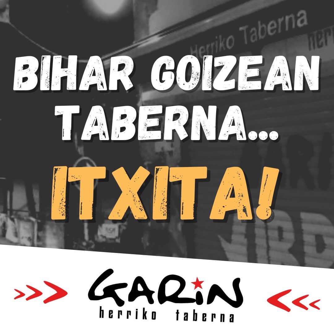 🗓️ Ikasturte berria prestatzen hasi gara jada. Hortaz, bihar goizean taberna itxita izango dugu auzolanean arituko garelako. 

Adi ibili! 🤩 Laster, ikasturtean zehar egingo ditugun ekintzen berri ematen hasiko gara.