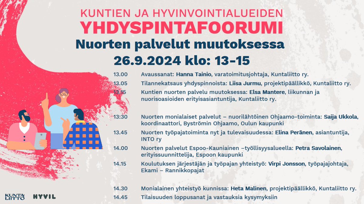 LiisaJurmu's tweet photo. Nuorten palveluihin: ohjaamoihin, työpajoihin, nuorisotyöhön ja nuorisovaltuustoihin liittyviä kysymyksiä on tullut sen verran paljon, että päätimme järjestää yhdyspintafoorumin aiheesta. Tervetuloa! 

Ilmoittautuminen ja ennakkokysymykset💌: https://t.co/YnvO6AYP2o
#yhdyspinnat https://t.co/Dow8vbJgHi