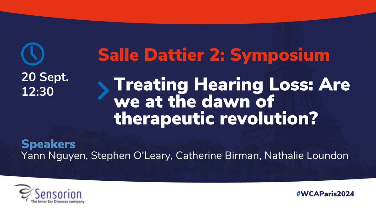 Are you attending the #WCAParis2024? You cannot miss the <a href="/SensorionPharma/">Sensorion</a> Symposium on September 20th in the Salle Dattier 2: "Treating Hearing Loss: Are we at the dawn of therapeutic revolution?"
Discover the program ⏩ swll.to/WCA-program

#ENT #Audiology #ORL #Hearingloss