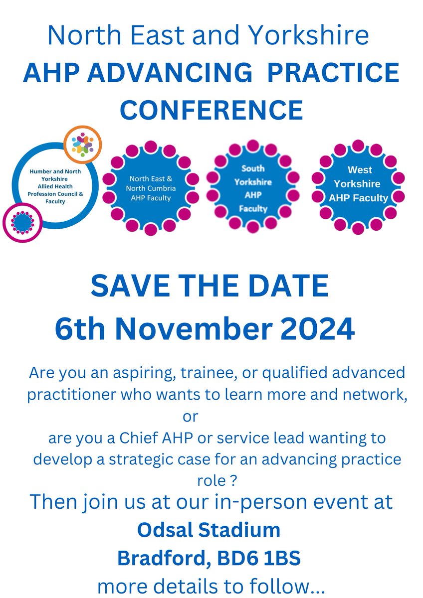 📢 Calling North East and Yorkshire AHPs 📢
                              
Are an aspiring, trainee, or qualified Advanced Practitioner OR a Chief or Strategic AHP?

If yes, then this conference is for you.

Save the date, booking details to follow.