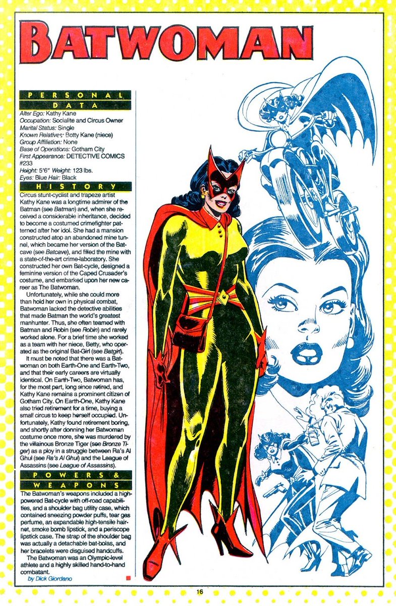 To add to John's excellent thread about forgotten Batman supporting characters I figured I'd say a few words about the bizarre situation surrounding Kathy Kane following Crisis on Infinite Earths and how it touches on some editorial policies at the time.