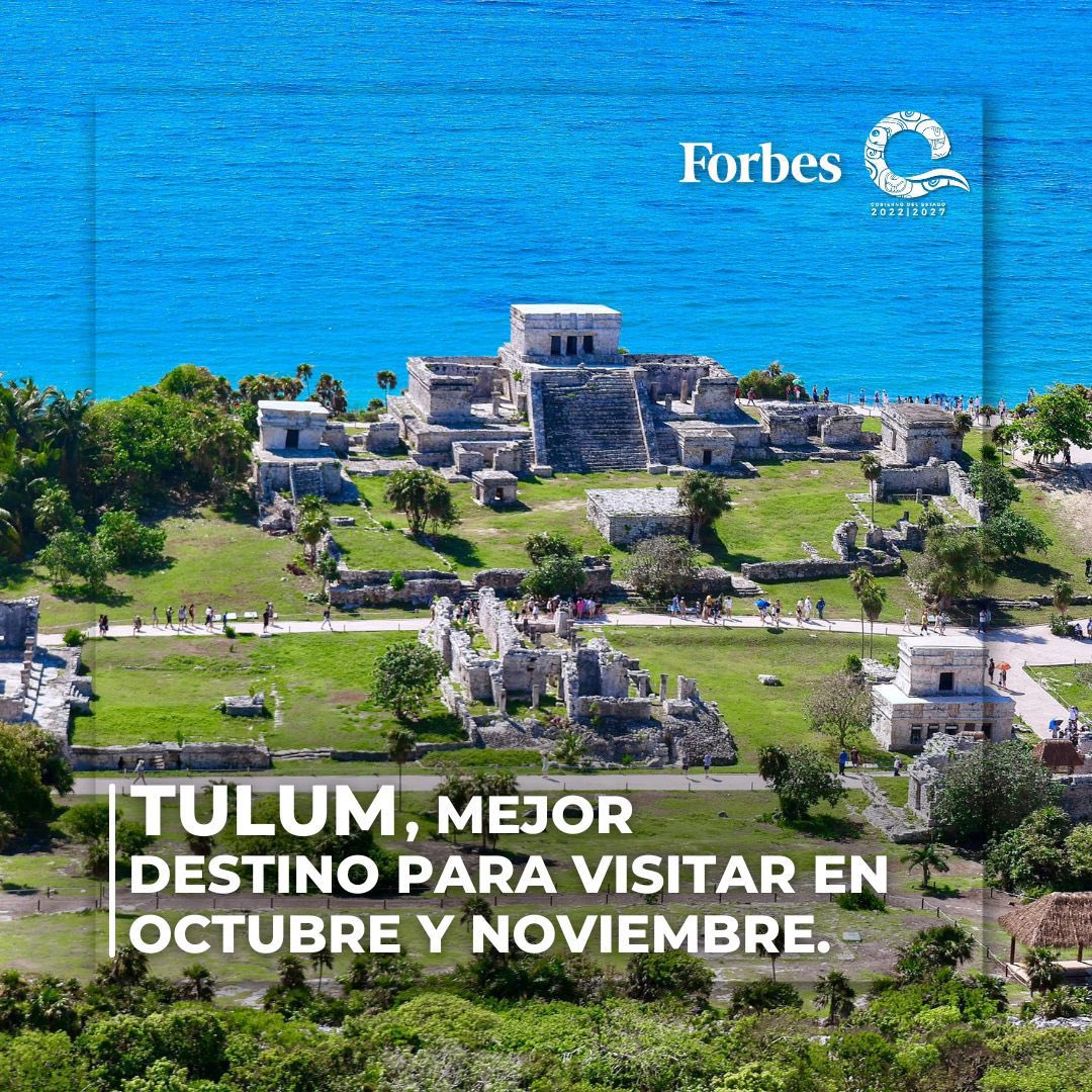 ¡Iniciamos este jueves con excelentes noticias 🙌🏽! #Tulum es el mejor destino para visitar en octubre y noviembre, de acuerdo con la revista <a href="/Forbes/">Forbes</a>. 🏖️

Bienvenidos todas y todos a disfrutar la #NuevaEraDeTurismo del #CaribeMexicano en este maravilloso destino, donde la
