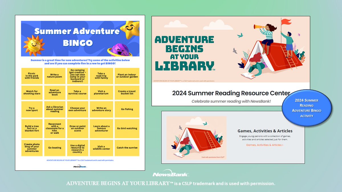 NewsBank's tweet image. Team up with friends and family for Summer Adventure Bingo! Choose from a variety of fun activities, like camping or visiting a planetarium, and see how many can be crossed off the list: ow.ly/I10q50R9JqA. #NewsBank #AdventureBeginsAtYourLibrary #CSLPReads #SummerReading