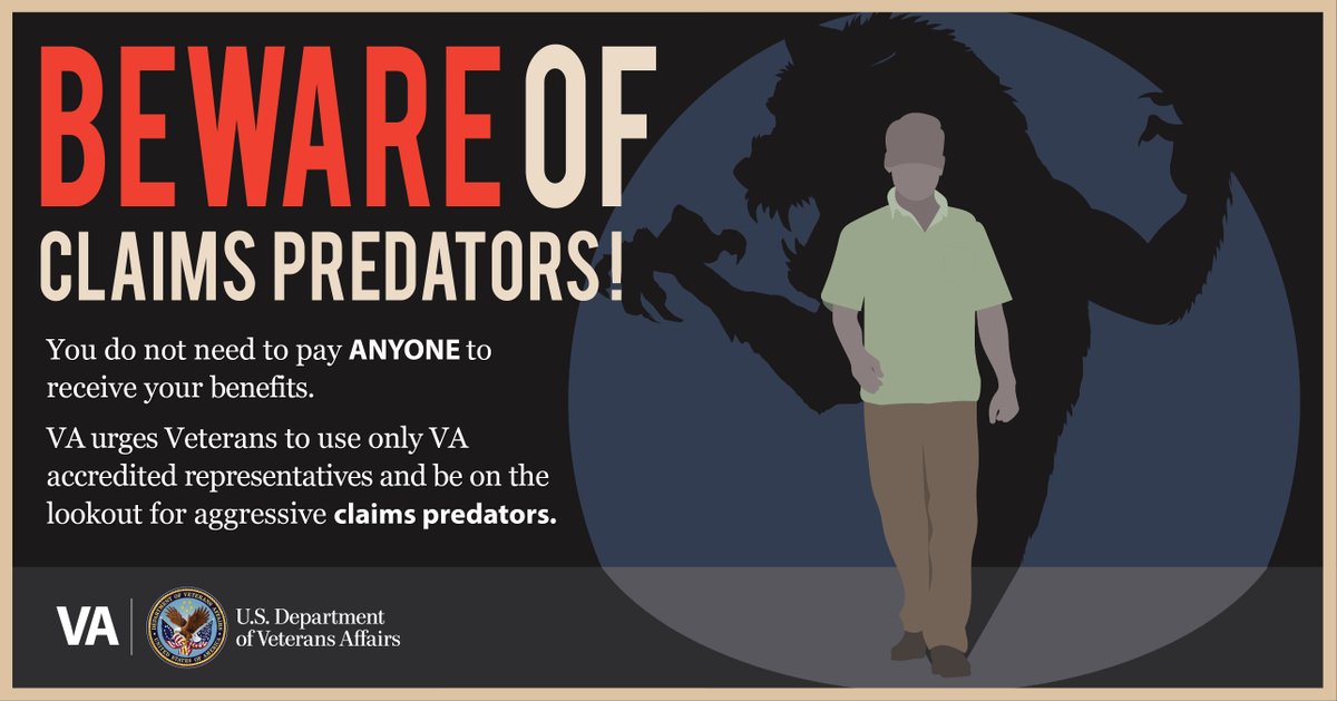 Claims predators are preying on your benefits with profit in mind. Veterans are targets of predatory companies unlawfully charging fees for benefits assistance. It is important to remember you should never pay a fee to file an initial claim for benefits.  va.gov/disability/get…