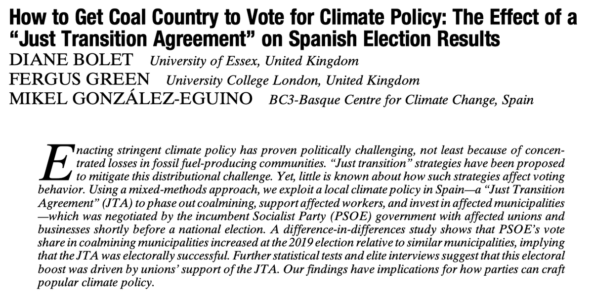 American Political Science Review (@apsrjournal) on Twitter photo From our new issue: "How to Get Coal Country to Vote for Climate Policy: The Effect of a 'Just Transition Agreement' on Spanish Election Results" by Diane Bolet (<a href="/dianebolet/">Diane Bolet</a>), Fergus Green (<a href="/fergusgreen/">Fergus Green</a>), and Mikel González-Eguino. #ASPRNewIssue
cambridge.org/core/journals/… From our new issue: "How to Get Coal Country to Vote for Climate Policy: The Effect of a 'Just Transition Agreement' on Spanish Election Results" by Diane Bolet (<a href="/dianebolet/">Diane Bolet</a>), Fergus Green (<a href="/fergusgreen/">Fergus Green</a>), and Mikel González-Eguino. #ASPRNewIssue
cambridge.org/core/journals/…