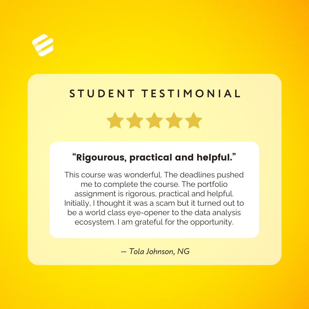 EntryLevelNet's tweet image. Initially skeptical, Tola was surprised by the world-class insights we offered into the data analysis ecosystem. 🤩 
She found our deadlines motivating and appreciated the practical portfolio project!
Witness the EntryLevel difference.
Enroll now at: entrylevel.net