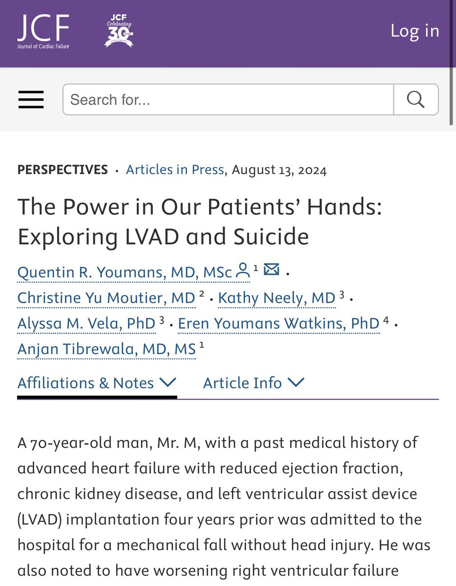 Quentin Youmans, MD, MSc, FACC (@quentinyoumans) on Twitter photo Patients supported with an #LVAD may be at risk for suicide. It’s imperative that our heart #FunctionNotFailure community is aware and take steps to prevent where possible.
Check out our piece out now in <a href="/JCardFail/">Journal of Cardiac Failure</a>
onlinejcf.com/article/S1071-…
<a href="/healthpsychPhD/">Dr. Alyssa Vela</a> <a href="/cmoutierMD/">Christine Yu Moutier MD</a> Patients supported with an #LVAD may be at risk for suicide. It’s imperative that our heart #FunctionNotFailure community is aware and take steps to prevent where possible.
Check out our piece out now in <a href="/JCardFail/">Journal of Cardiac Failure</a>
onlinejcf.com/article/S1071-…
<a href="/healthpsychPhD/">Dr. Alyssa Vela</a> <a href="/cmoutierMD/">Christine Yu Moutier MD</a>