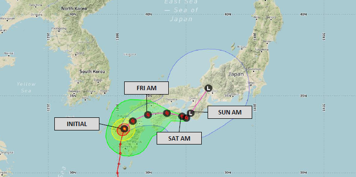 DTNWeather's tweet photo. 8/29 Early-morning update: #Shanshan will continue to weaken due to unfavorable conditions and land interaction with Japanese terrain, soon downgrading to a tropical storm and further over the next few days. https://t.co/1Rt3dwqN3u

#ThinkWeather #TyphoonShanshan #thyphoon #Japan https://t.co/j3mcjRfG7c