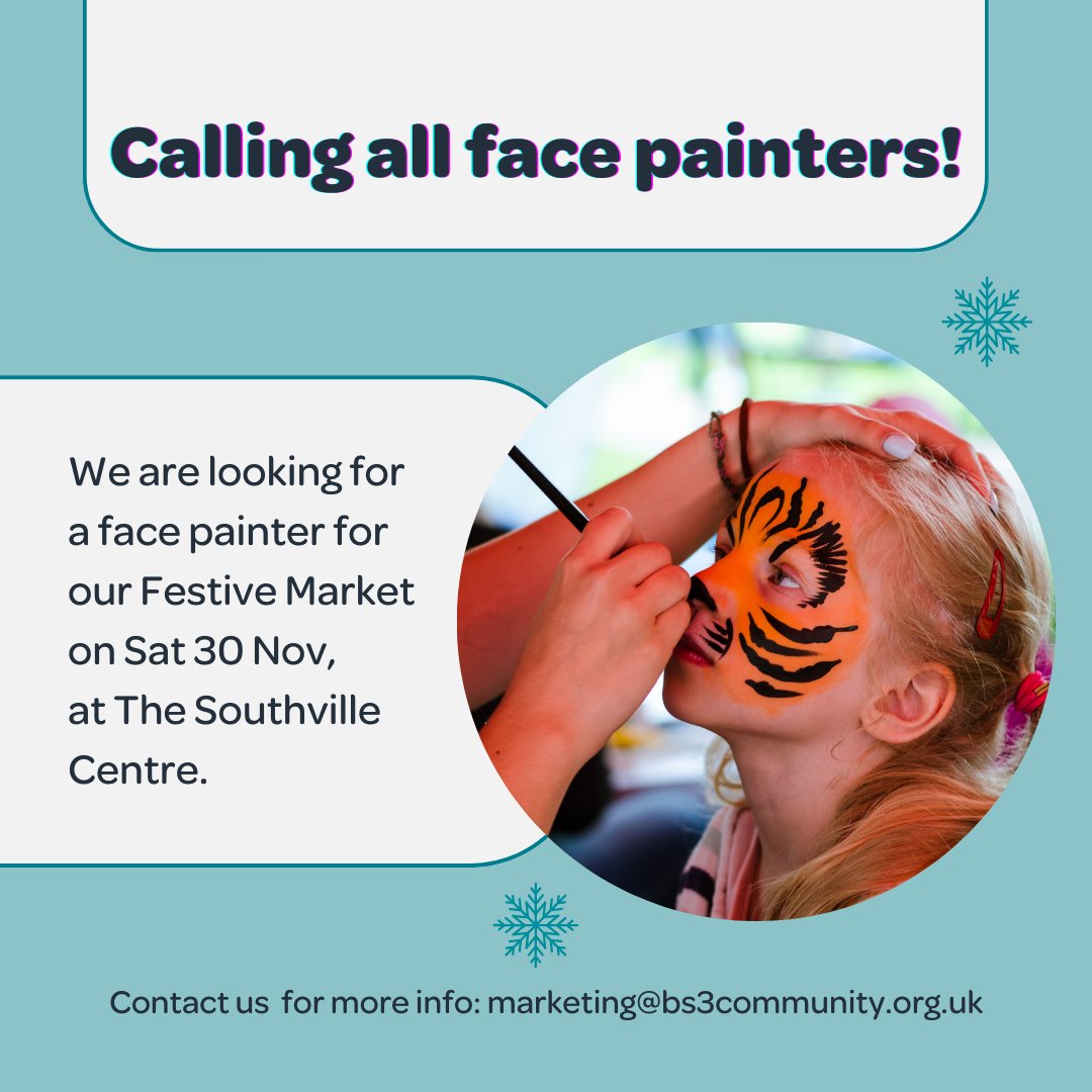 BS3 Community Development (@bs3community) on Twitter photo ❄️ Our Festive Market will be in our Southville Centre on Sat 30 Nov 10am–5pm. There will be craft activities, music, plus, our café will be open
🎨 We are looking for a face painter for the market - if this sounds like you, then get in touch at: marketing@bs3community.org.uk ❄️ Our Festive Market will be in our Southville Centre on Sat 30 Nov 10am–5pm. There will be craft activities, music, plus, our café will be open
🎨 We are looking for a face painter for the market - if this sounds like you, then get in touch at: marketing@bs3community.org.uk