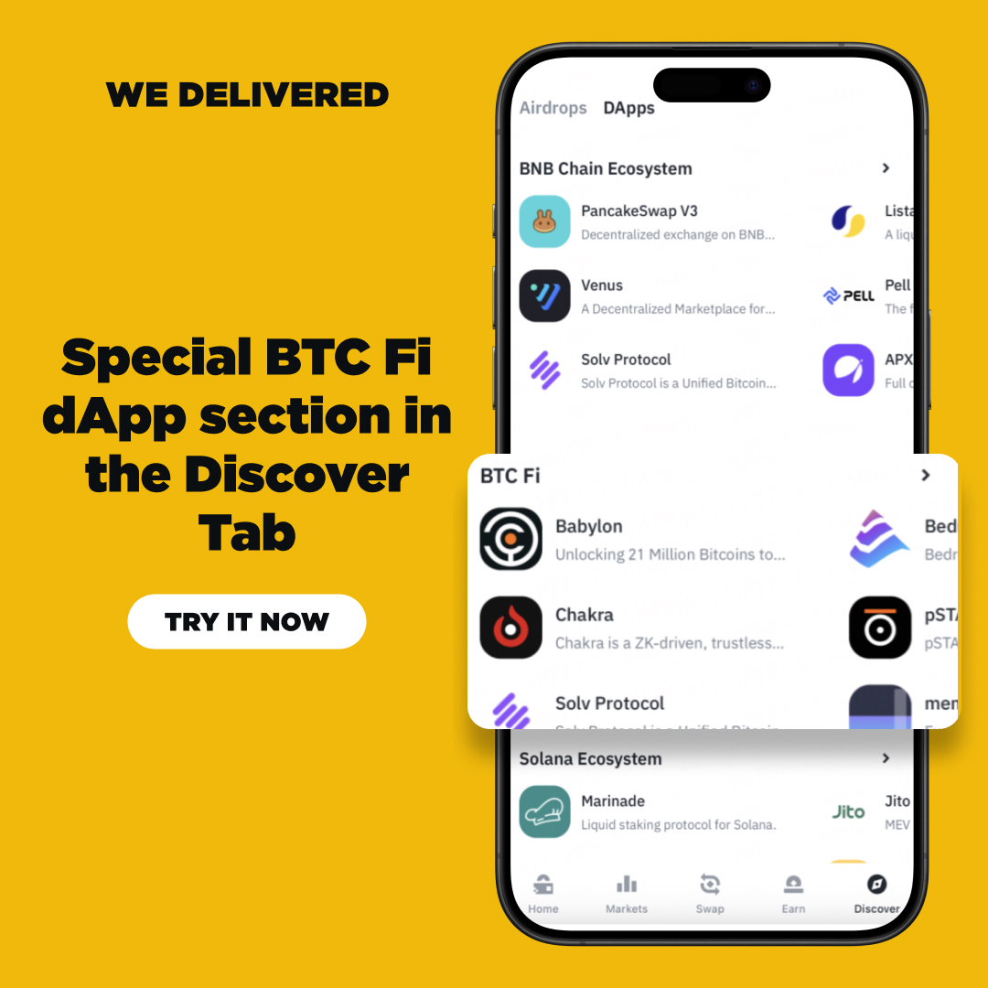 BinanceWallet's tweet photo. This week's #BinanceBuild Web3 Spotlight: New BTC Fi Category!

We’ve expanded our dApp categories with BTC Fi in Discover! Access secure lending, borrowing, and trading.

Keep sharing your feedback ⤵️