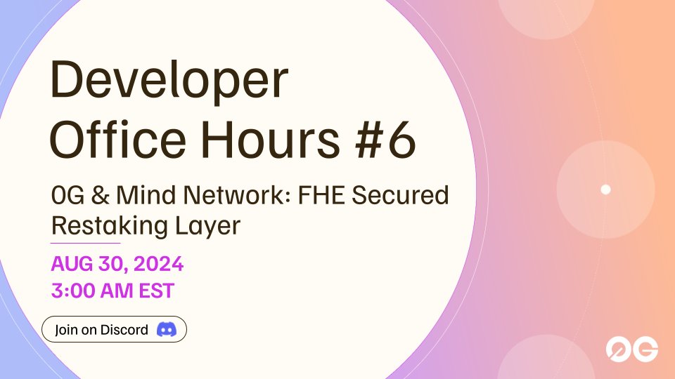 0G Labs (Ø,G) - AI L1 (@0g_labs) on Twitter photo Developer Office Hour: #6 0G & <a href="/mindnetwork_xyz/">Mind Network</a>: FHE Secured Restaking Layer
Join our AMA with <a href="/NuIlPtr/">Dennis | Mind Network</a>, CSO & Tech Lead at Mind Network, to discuss FHE Secured Restaking Layer & their integration with #0GLabs!
🗓️ Aug 30
⏰ 3:00 AM EST
See you there👇
discord.com/events/1210423… Developer Office Hour: #6 0G & <a href="/mindnetwork_xyz/">Mind Network</a>: FHE Secured Restaking Layer
Join our AMA with <a href="/NuIlPtr/">Dennis | Mind Network</a>, CSO & Tech Lead at Mind Network, to discuss FHE Secured Restaking Layer & their integration with #0GLabs!
🗓️ Aug 30
⏰ 3:00 AM EST
See you there👇
discord.com/events/1210423…