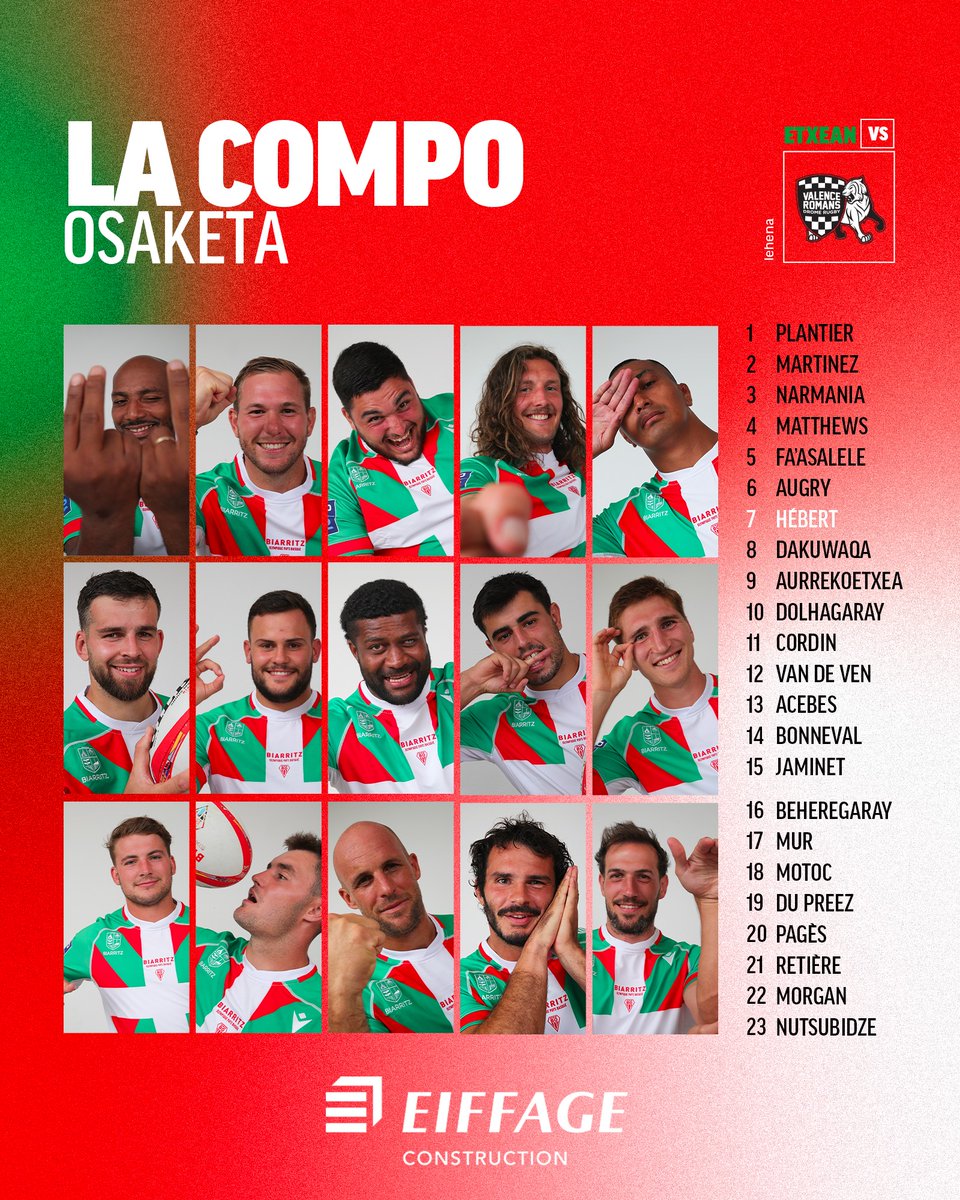 🔴 𝙇𝘼 𝘾𝙊𝙈𝙋𝙊
🟢 𝙊𝙎𝘼𝙆𝙀𝙏𝘼 
avec Eiffage Construction

👥 Les 23 Biarrots choisis pour la réception du <a href="/VRDRrugby/">VRDR Rugby</a> 💥

#BOVRDR | #BOPB | #AupaBO