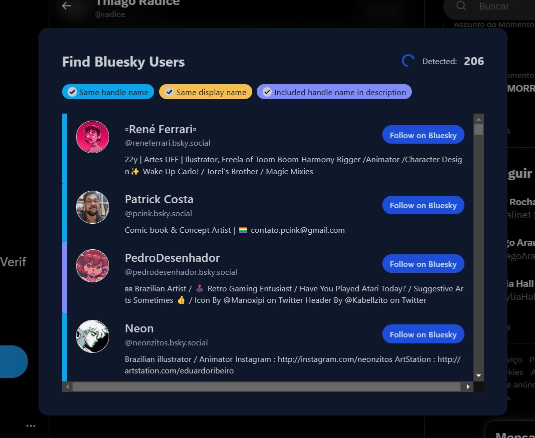 radice's tweet image. No chrome tem uma extensão que permite listar quais pessoas que você segue que estão no bluesky, e disponibiliza um botão pra você seguir lá caso ainda não siga. O nome é Sky Follower Bridge.