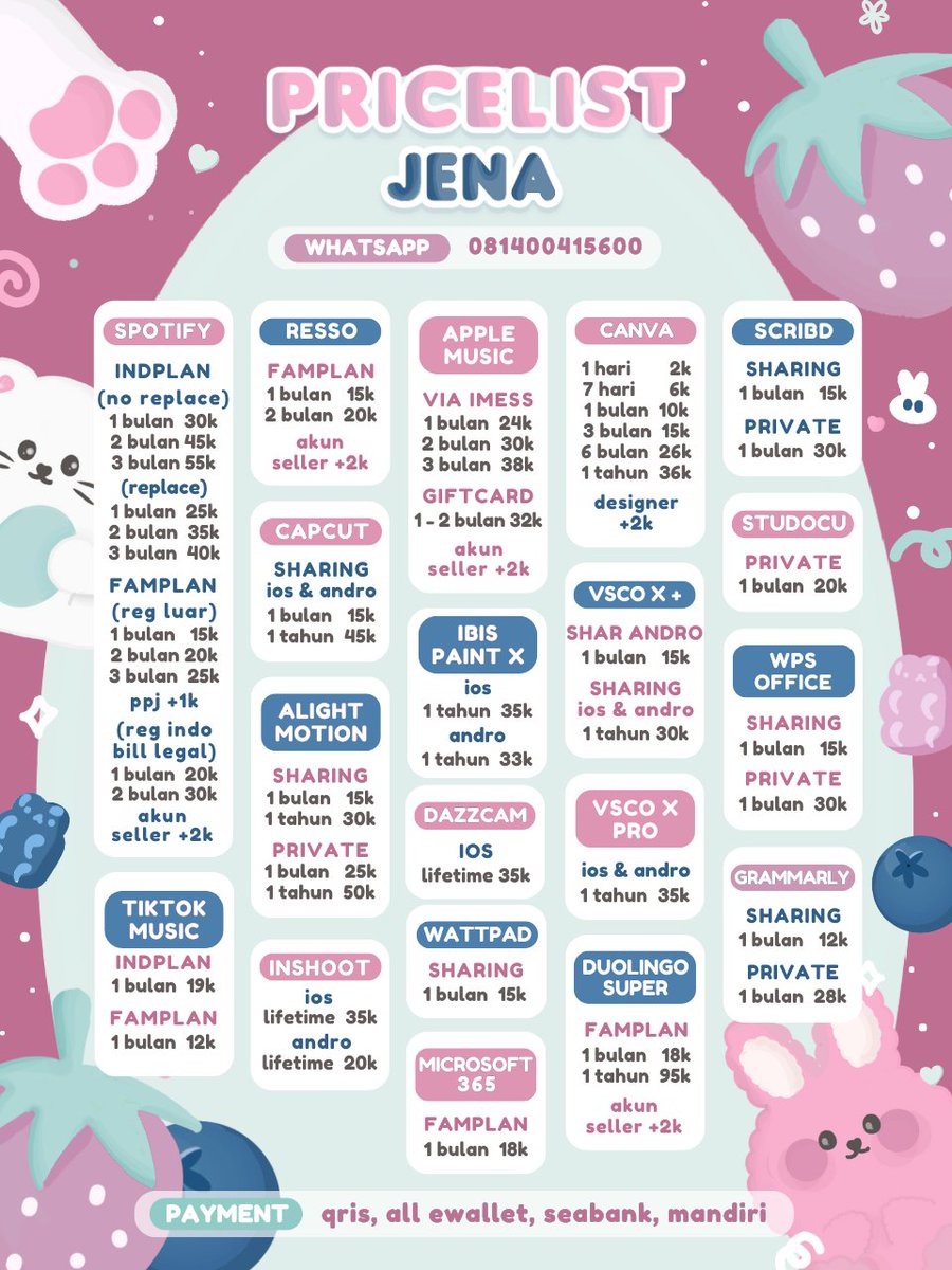 peduoli's tweet image. 𝒉𝒆𝒍𝒍𝑶 👋 jena @lieehacchan ada app prem lengkap, trusted dengan banyak testi, full garansi, dan bisa tanya aja kalo gaada di katalog. yukk beli dan bisa order ke wa.me/6281400415600