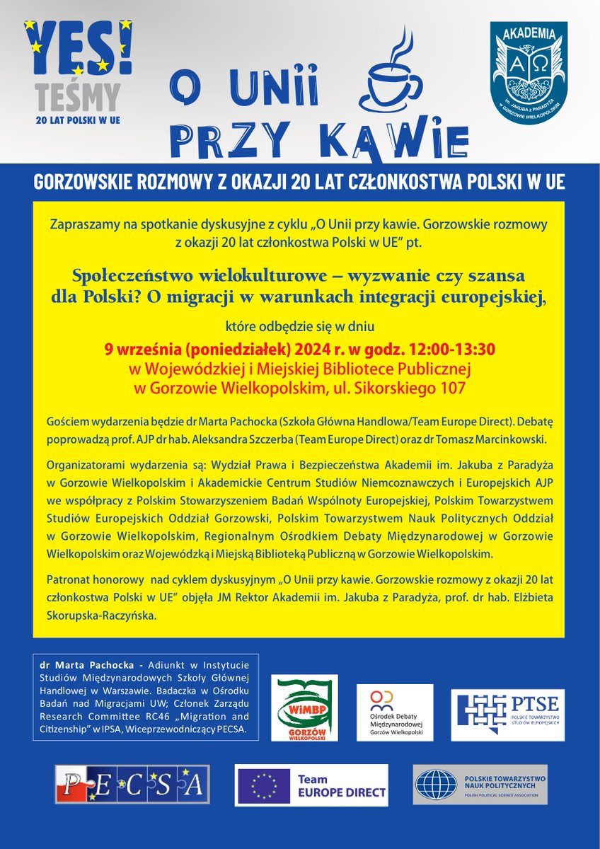 TeamEuropePL's tweet photo. 9 września zapraszamy na spotkanie z cyklu "O Unii przy kawie" z udziałem dwóch ekspertek TED: @MartaPachockaEU oraz prof. Aleksandry Szczerby ☕️ https://t.co/nkiYkuM1Rg