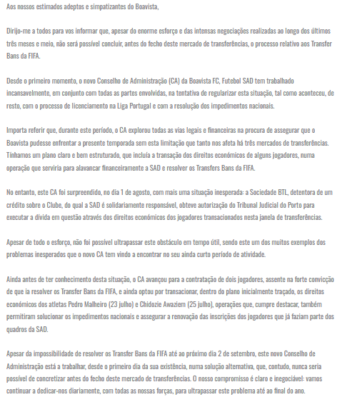 CabineSport's tweet photo. OFICIAL | Boavista anuncia que, pelo quarto mercado consecutivo, não poderá inscrever novos jogadores.

Os boavisteiros contam com 30 impedimentos na FIFA, por dívidas a terceiros. https://t.co/3uGzDUDDz4