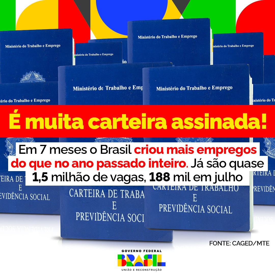 Trabalhar é bom, com carteira assinada é ainda melhor! Desde janeiro, 1,492 milhão de brasileiros conquistaram novos empregos formais. O número é maior do que o total de novos empregos gerados no ano passado inteiro! +