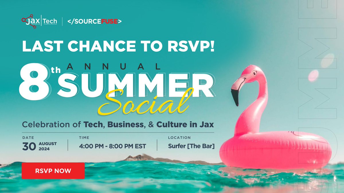 SourceFuse's tweet image. LAST CHANCE TO RSVP! #JaxTech is hosting its 8th Annual Summer Social in Jacksonville, Florida powered by SourceFuse - the largest networking event for technologists, #Entrepreneurs, industry leaders &amp;amp; #Cloud enthusiasts! RSVP NOW to book your FREE spot: hubs.ly/Q02KMJvK0