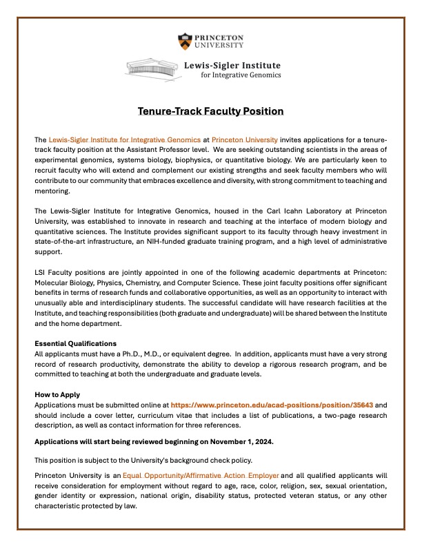 The LSI at Princeton University invites applications for a tenure-track faculty position at the Assistant Professor level. We are seeking outstanding scientists in experimental genomics, systems biology, biophysics, or quantitative biology. Apply: 
princeton.edu/acad-positions…