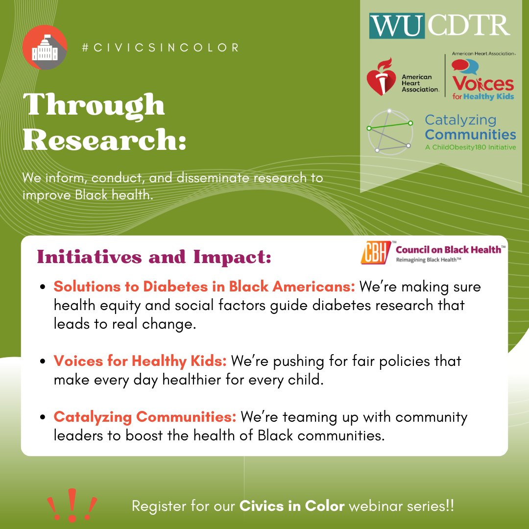 📢 Join our Civics in Color webinar series to explore local government’s impact on Black communities! 🗳️✊🏾 

Check out these three initiatives: 💡 Solutions to Diabetes, 🗣️ Voices for Healthy Kids, 🏘️ Catalyzing Communities. 

➡️ ow.ly/wXWm50T9E60 

#CivicsInColor