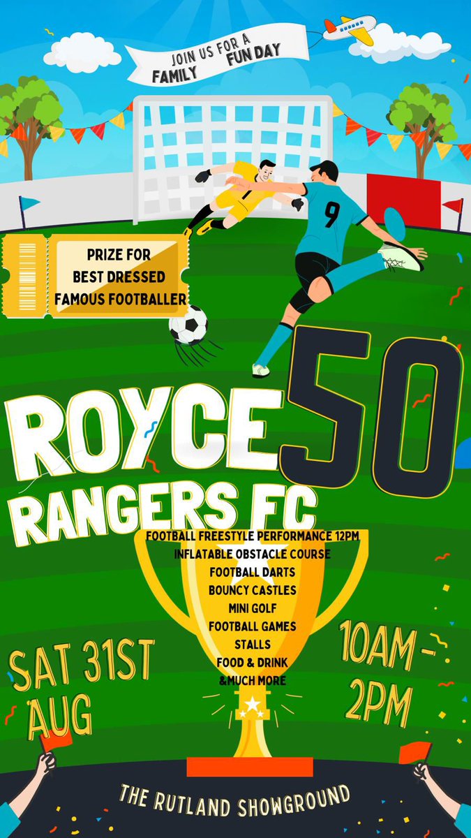 Join <a href="/RoyceRangers/">Royce Rangers FC</a> for a family fun day this weekend to celebrate their 50th Anniversary!
🎉 Saturday 31st August
🎉 10am – 2pm
🎉 Rutland Showground