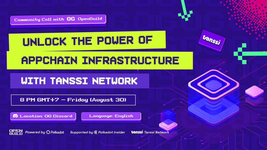 openguildwtf's tweet photo. Community Call #23

📅 Time: 8 PM GMT+7 - Friday (August 30)
🌏 Language: English
📍 Location: OG Discord (https://t.co/KeOsV2myfq)
💡 Topic: Unlock the power of appchain infrastructure with Tanssi Network

This week’s Community Call is a must-attend! Meet Augusto Collado - Developer Relations Engineer @TanssiNetwork  — a pro with deep insights into appchain infrastructure! 📚💡

🔥 Tanssi Network is a permissionless appchain infrastructure protocol designed for swift and effortless deployment of application-specific blockchains.

Agenda Highlights:
🔹 Substrate & application-specific blockchain
🔹 Challenges of running a normal blockchain infrastructure
🔹Challenges of parachain deployment & maintenance
🔹 Concepts of AppChains
🔹 Tanssi intro & architecture
🔹 Live demo

Be there to catch all the action and elevate your blockchain game! 🌟
#OG_community #Polkadot #Appchain #Tanssi #parachain #Blockchain #application