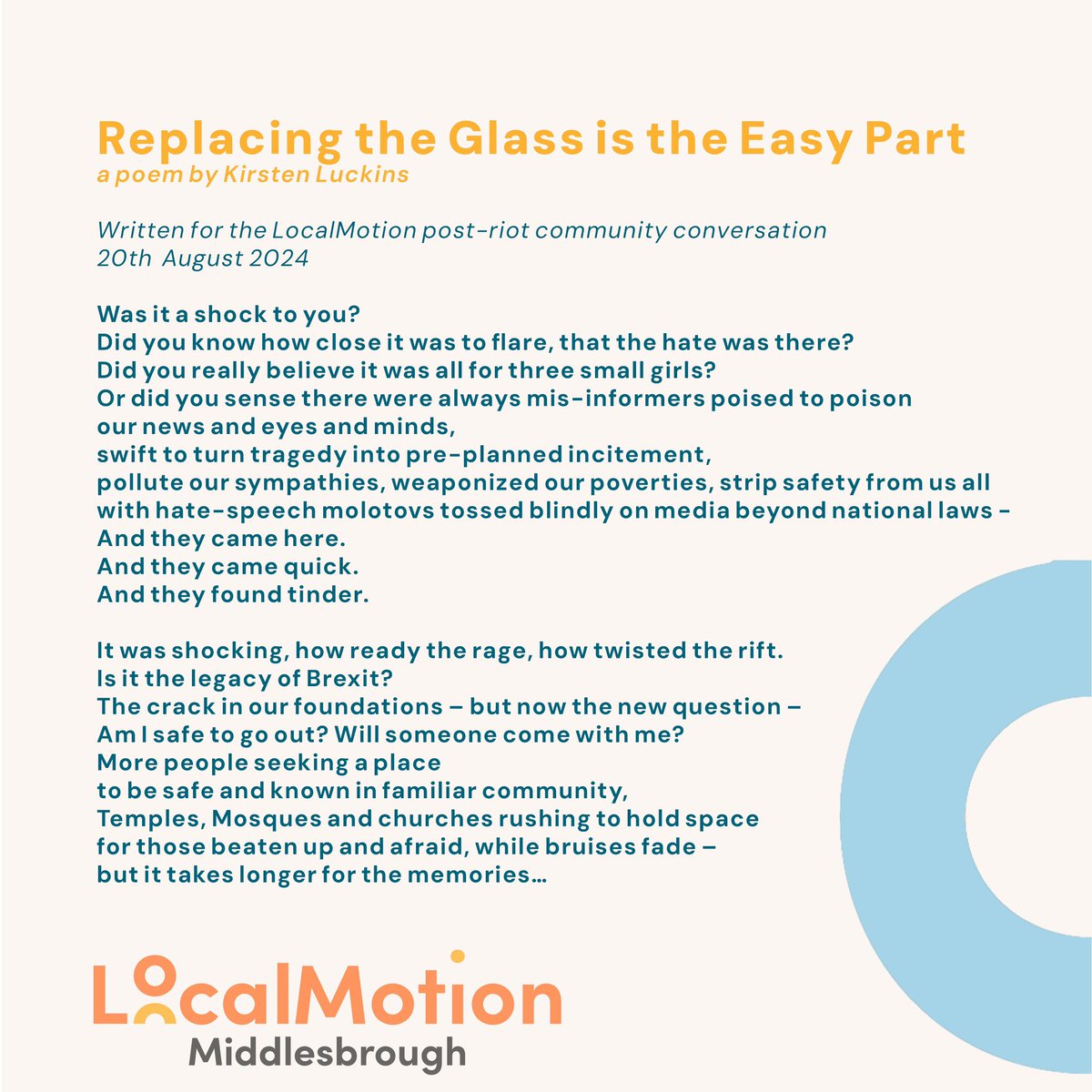 LocalMotionUK's tweet image. We aren’t the riots, we are the clean-up, we are the next day - LocalMotion Middlesbrough hosted a discussion about the impact of recent riots on local communities. Kirsten Luckins from Tees Women Poets created a poem that reflected the conversation
