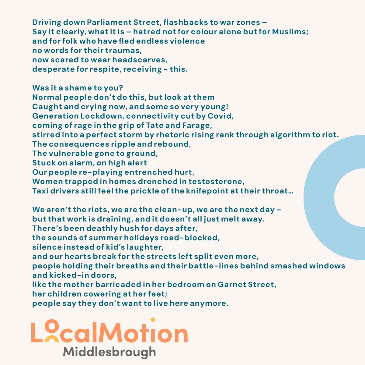 LocalMotionUK's tweet image. We aren’t the riots, we are the clean-up, we are the next day - LocalMotion Middlesbrough hosted a discussion about the impact of recent riots on local communities. Kirsten Luckins from Tees Women Poets created a poem that reflected the conversation