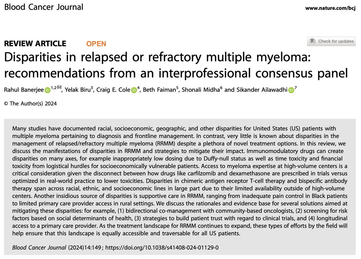 Rahul Banerjee, MD, FACP (@rahulbanerjeemd) on Twitter photo 1/ Now in <a href="/BloodCancerJnl/">Blood Cancer Journal</a> - our work to chronicle disparities specifically in R/R myeloma and why they matter 🧵
1️⃣ Trial-studied vs optimal drug dosing
2️⃣ Racial & socioeconomic gaps re: CAR-T & bsAbs
3️⃣ #MMsm supportive care, inc PCP access, and more
nature.com/articles/s4140… 1/ Now in <a href="/BloodCancerJnl/">Blood Cancer Journal</a> - our work to chronicle disparities specifically in R/R myeloma and why they matter 🧵
1️⃣ Trial-studied vs optimal drug dosing
2️⃣ Racial & socioeconomic gaps re: CAR-T & bsAbs
3️⃣ #MMsm supportive care, inc PCP access, and more
nature.com/articles/s4140…