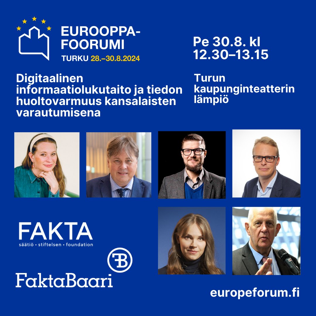 Keskustelutilaisuutemme perjantaina kl 12.30 Eurooppa-foorumissa: Digitaalinen informaatiolukutaito ja tiedon huoltovarmuus kansalaisten varautumisena – Miten Suomesta tehdään digitaalisen informaatiolukutaidon mallimaa?
#Eurooppafoorumi <a href="/SitraFund/">Sitra</a> #FAKTAsäätiö