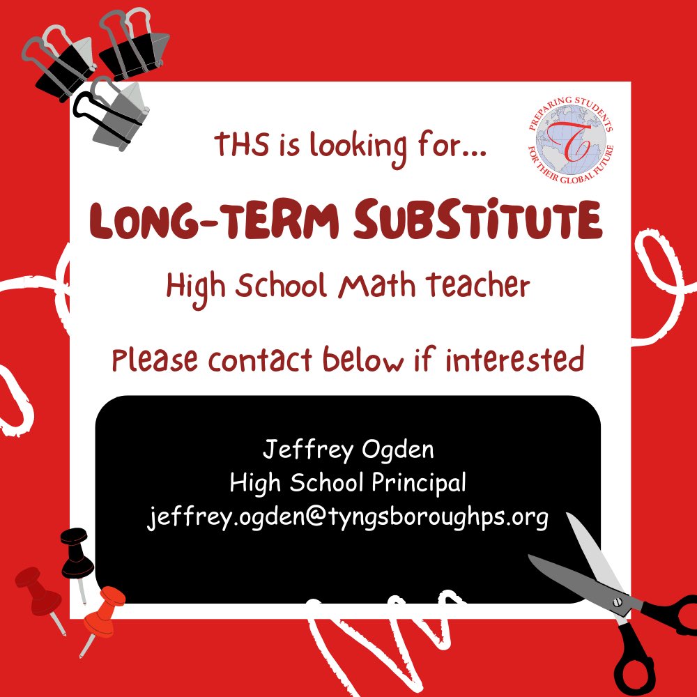 Tyngsborough High School is looking for a long-term substitute math teacher! ➗📚✏️

If interested in this position please contact jeffrey.ogden@tyngsboroughps.org #nowhiring #tpsprepares