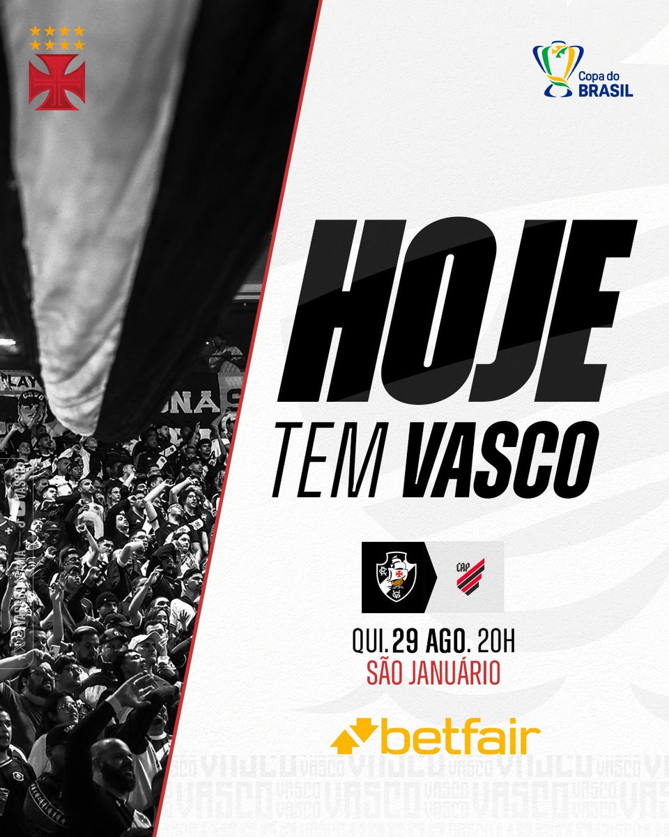 VascodaGama's tweet photo. #HojeTemVasco 💢

🆚 Athletico Paranaense
🏆 Copa do Brasil
🎯 Quartas de final - Ida
🏟 São Januário
🕗 20h
📺 Prime Video
🎙 VascoTV (pré-jogo e narração)

Vem com o Vasco, vem com a Betfair! 💢
➡ https://t.co/MbPoCwEIXh
⚠️ 18+. Jogue com responsabilidade. T&Cs se aplicam.

#VascoDaGama