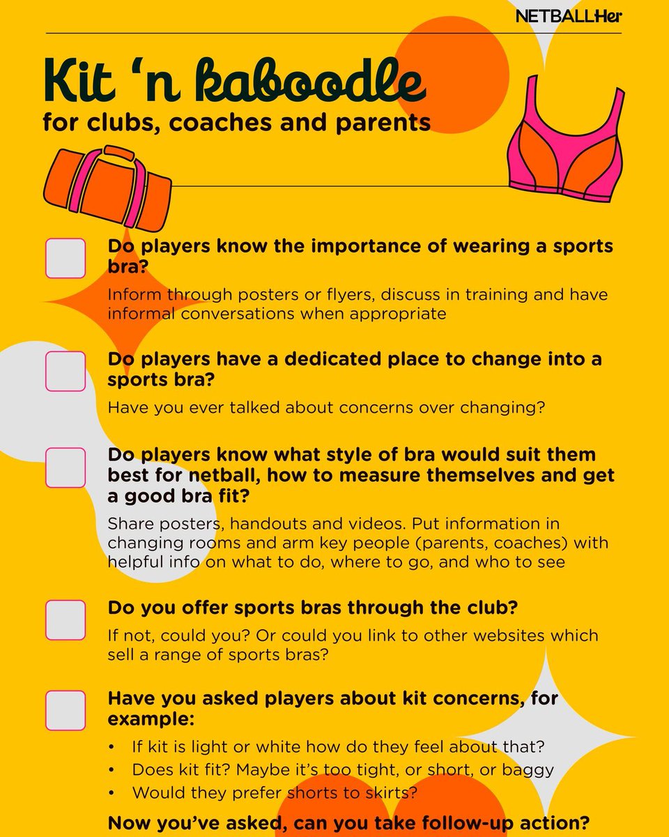 Calling all clubs, coaches and parents!

There's many ways kit impacts comfort, enjoyment and performance. 

Supporting players with kit issues and solutions is so important! 

Use the NETBALLHer checklist and give some a go! #NETBALLHersday