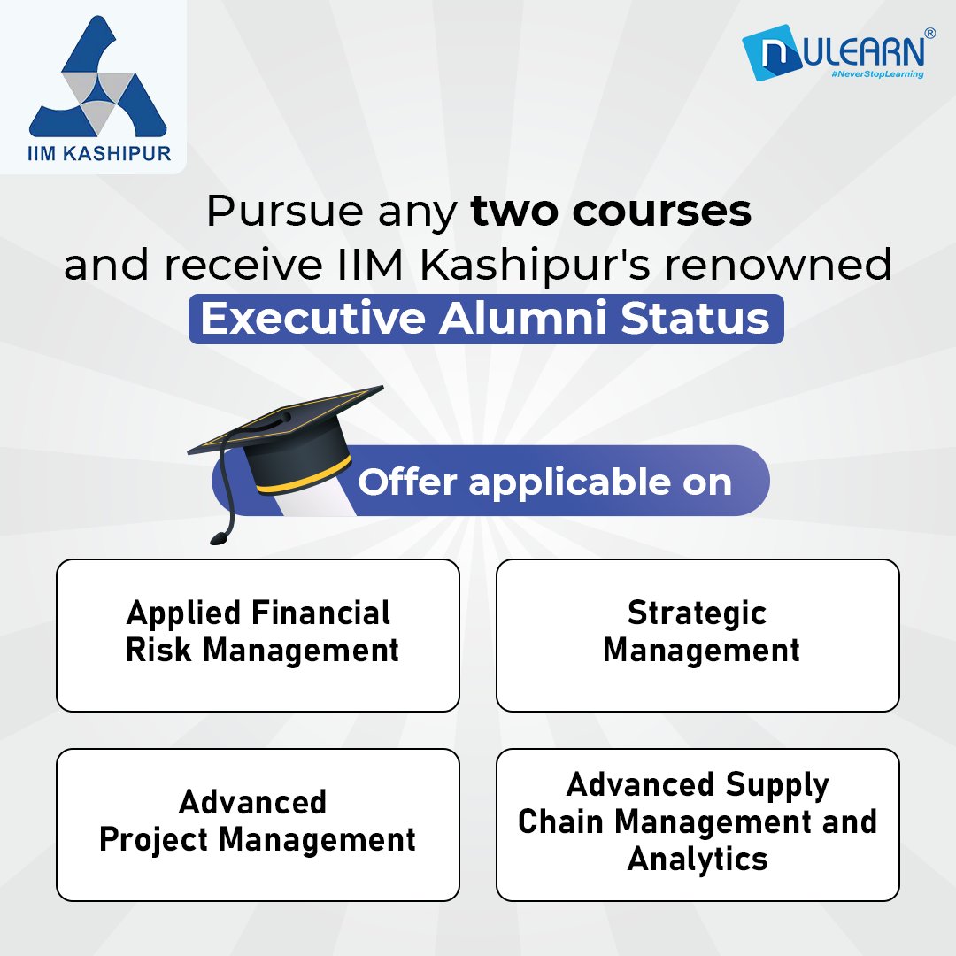 nulearnedu's tweet image. Today, we&apos;ve got an offer that you cannot refuse!

In collaboration with @IIMKsp, we are providing the coveted alumni status for our enrolled students.

Visit our website or call 7669629222 to learn more...

#certification #professionaleducation #strategicmanagementcourse