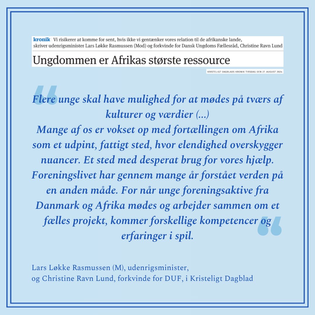 DUF - Dansk Ungdoms Fællesråd (@danskungdom) on Twitter photo "UNGDOMMEN ER AFRIKAS STØRSTE RESSOURCE" 💪🏼
...Sådan lyder overskriften på en kronik i Kristeligt Dagblad i tirsdags af DUFs forkvinde, <a href="/ChristineRLund/">Christine Ravn Lund</a>, og udenrigsminister, <a href="/larsloekke/">Lars Løkke Rasmussen</a>, som torsdag også fik udviklingsområdet som resort 🌍
Læs den her: kristeligt-dagblad.dk/debat/lars-loe… "UNGDOMMEN ER AFRIKAS STØRSTE RESSOURCE" 💪🏼
...Sådan lyder overskriften på en kronik i Kristeligt Dagblad i tirsdags af DUFs forkvinde, <a href="/ChristineRLund/">Christine Ravn Lund</a>, og udenrigsminister, <a href="/larsloekke/">Lars Løkke Rasmussen</a>, som torsdag også fik udviklingsområdet som resort 🌍
Læs den her: kristeligt-dagblad.dk/debat/lars-loe…