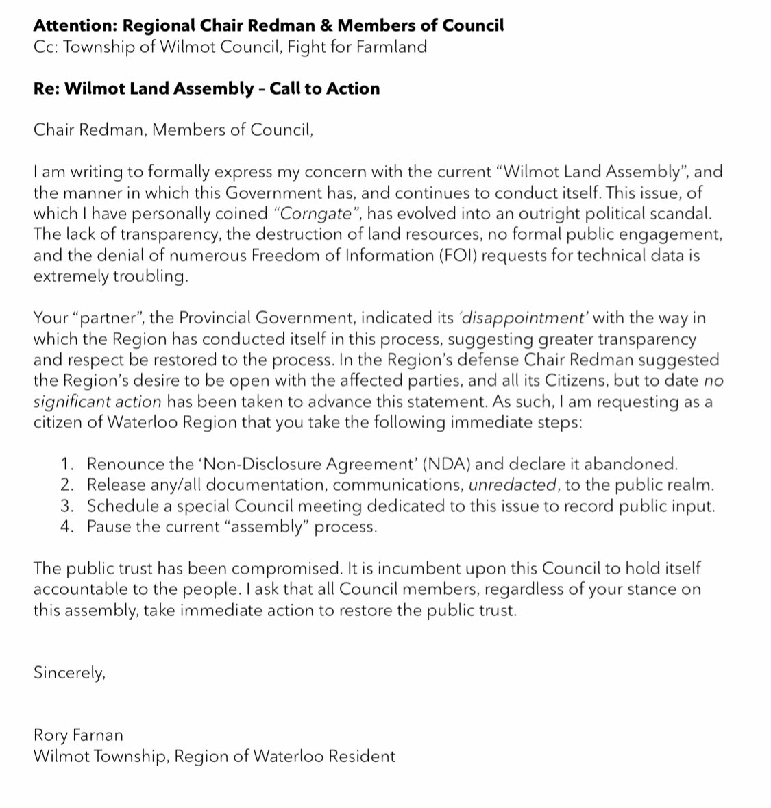 farnan's tweet image. Here is my latest correspondence to @RegionWaterloo Council, calling for a pause to the current Wilmot Land Assembly 🌽 🚜 #CornGate