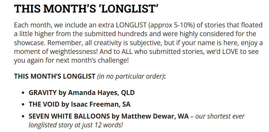 WriterDewar's tweet photo. Stoked I made the #furiousfiction longlist with their shortest ever longlisted story at just 12 words! 
The haiku I submitted: 
Seven white balloons.
A floating pack of silence.
Babe’s gender in doubt. https://t.co/fAqEP02gPZ