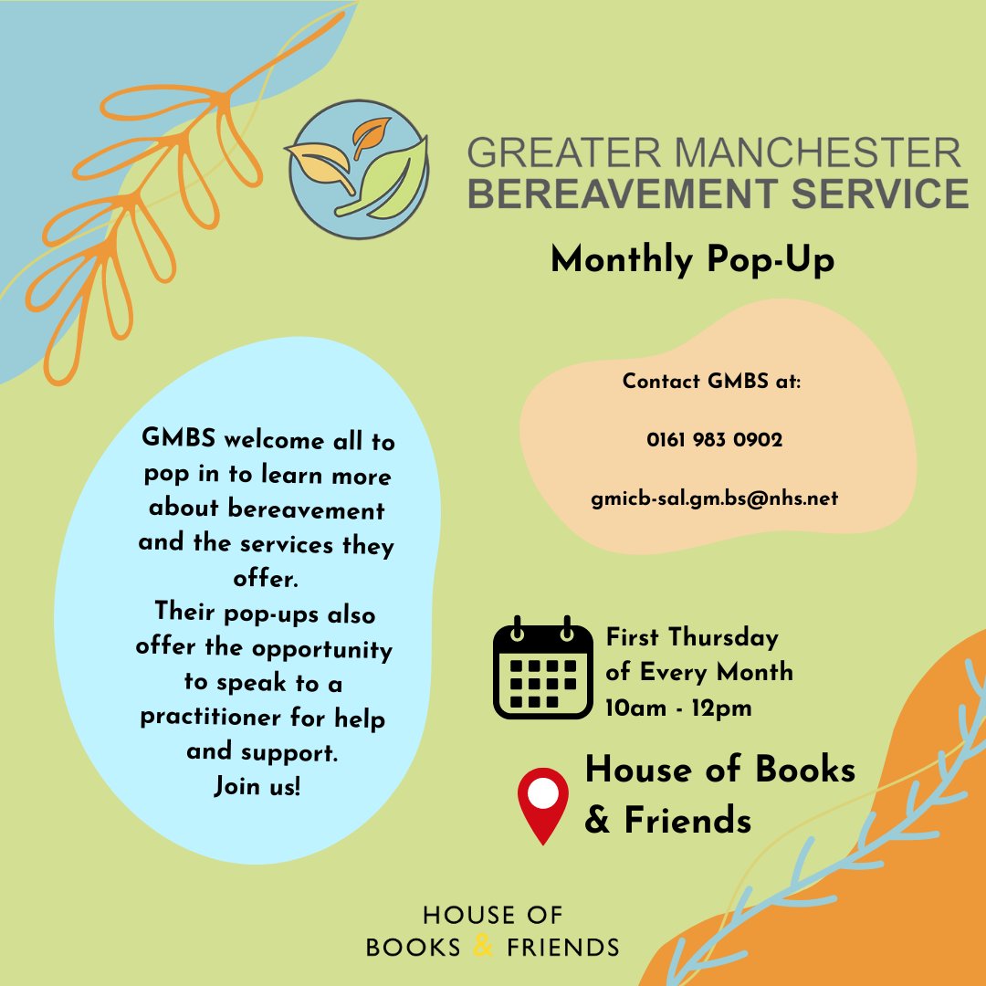 House of Books &amp; Friends are working once again with the incredible services of the Greater Manchester Bereavement Service to bring a pop-up on the first Thursday of every month for the rest of 2024. 

Our first pop-up will be on 5th September 10am - 12pm.

@NHS_GM