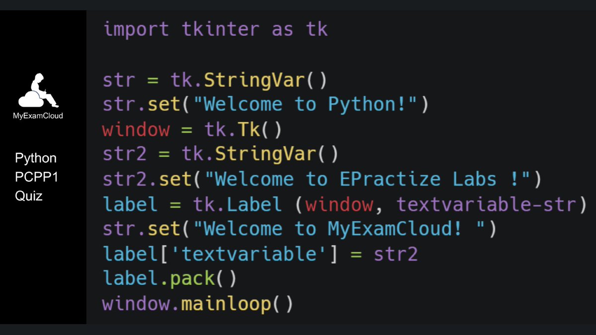 myexamcloud's tweet image. What is the output of the following code?
#python #pythoncertified #pythoncertified #pcpp1 #pythonprogramming

Read answer and explanation at myexamcloud.com/onlineexam/pcp…