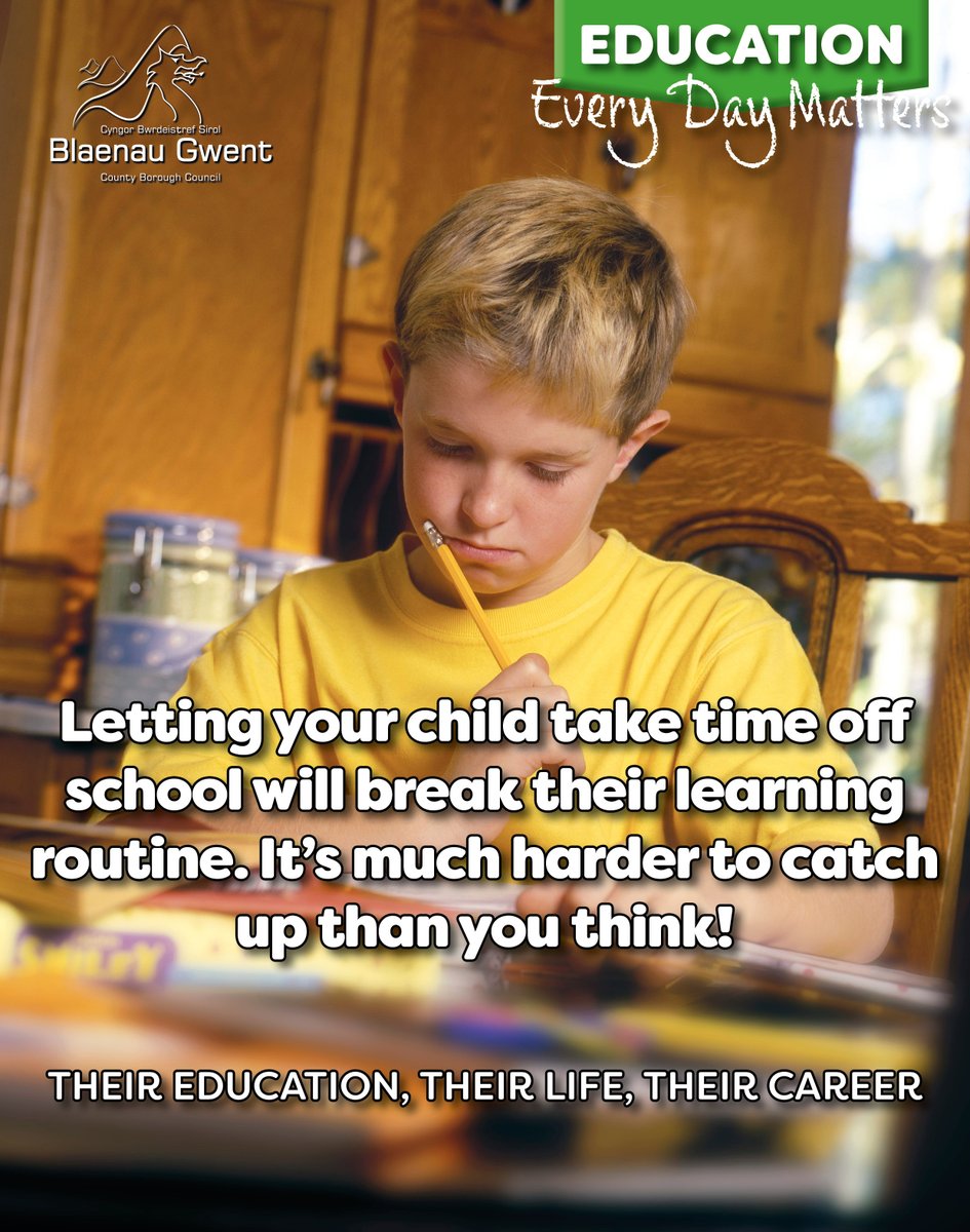 BlaenauGwentCBC's tweet photo. School starts next week – are you ready? Children can suffer academically if they miss 10 percent of the school year, or about 18 days. That can be just one day every two weeks and can happen before you know it. 

#EveryDayMatters https://t.co/AisgMAgBmE