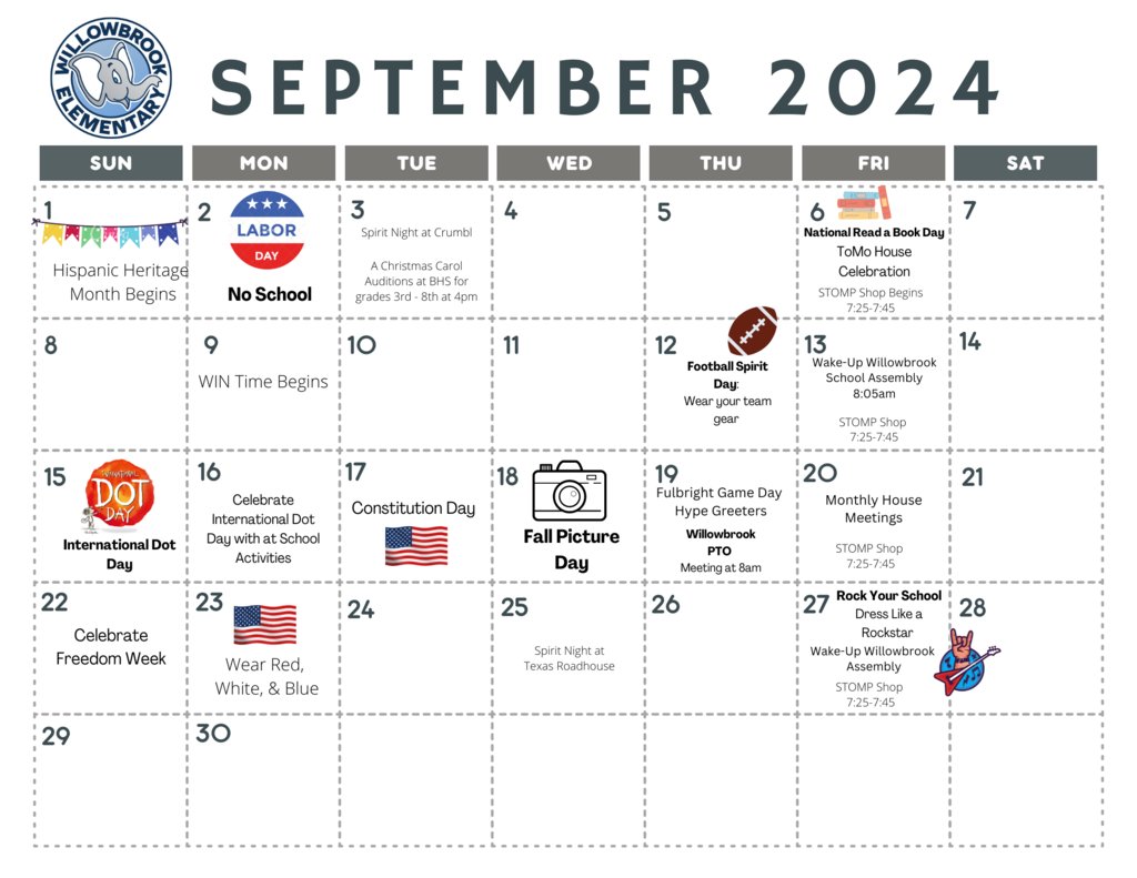 Please view our September Parent Calendar for important dates and events. We will also send copies home in Tuesday folders next week.