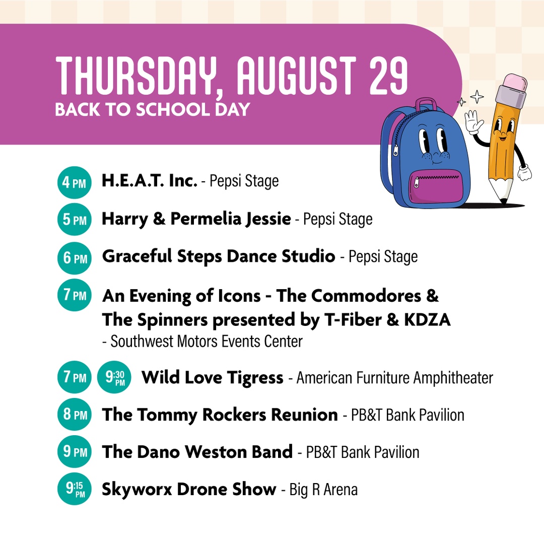 colostatefair's tweet photo. Join us for #BackToSchoolDay! 
Enjoy free live music performances throughout the Fair this afternoon, plus tickets are still available for An Evening of Icons with @The_Commodores and The Spinners! 🎶✨
See all of today’s events here: https://t.co/Fmdf4Rvy1J 
#ColoradoStateFair https://t.co/6zNnIGwdO8