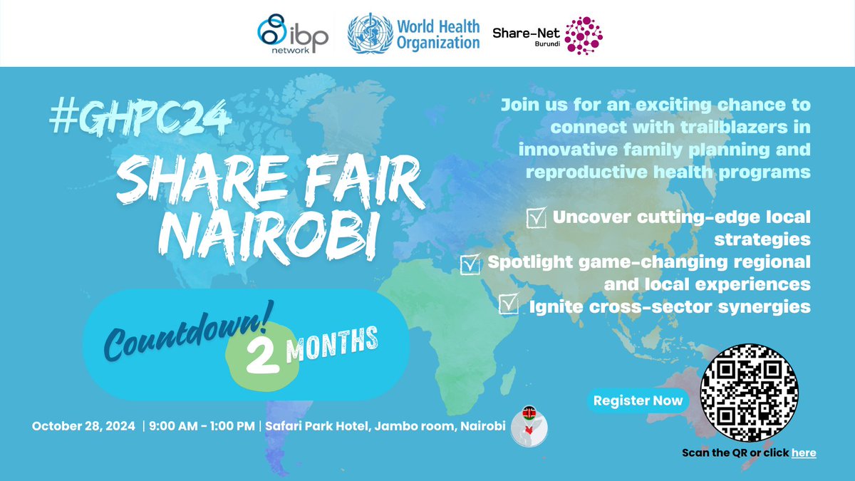 @IBP_network (@ibp_network) on Twitter photo 🚀 Just 2 MONTHS until the WHO/IBPNetwork & <a href="/sharenetburundi/">Share-Net Burundi</a> Share Fair at #GHPC24 in Nairobi! 🇰🇪
Join us to connect with global leaders in family planning & reproductive health innovation.
Register :bit.ly/3YZ67d6
#SexualReproductiveHealth #SRHR #FP #WHO #IBPNetwork 🚀 Just 2 MONTHS until the WHO/IBPNetwork & <a href="/sharenetburundi/">Share-Net Burundi</a> Share Fair at #GHPC24 in Nairobi! 🇰🇪
Join us to connect with global leaders in family planning & reproductive health innovation.
Register :bit.ly/3YZ67d6
#SexualReproductiveHealth #SRHR #FP #WHO #IBPNetwork