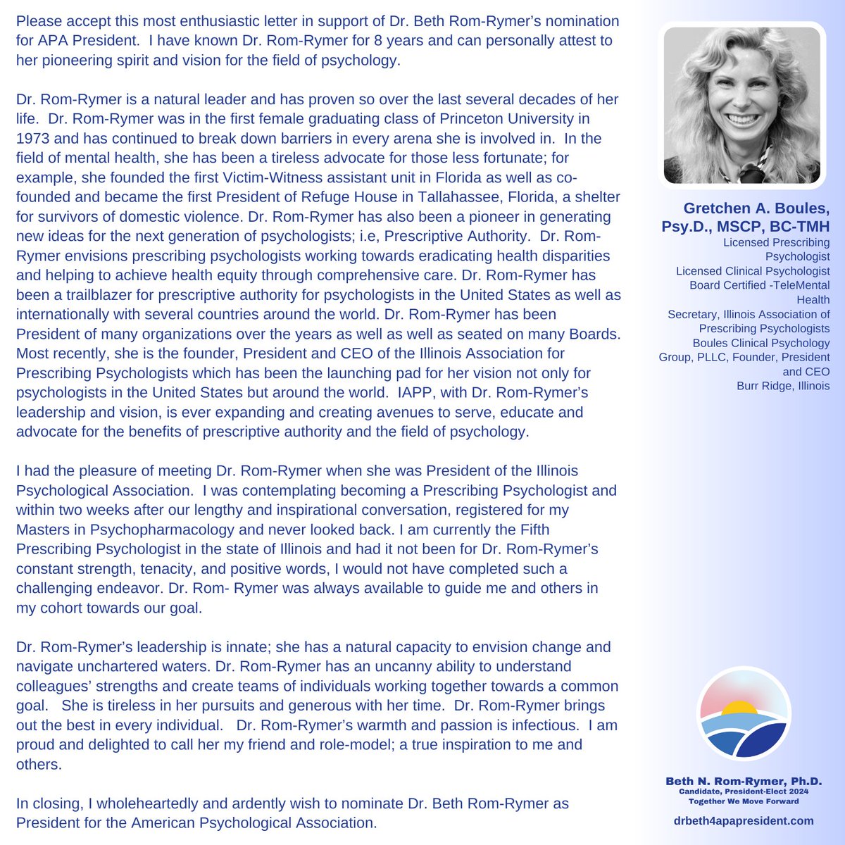 docbnrr's tweet photo. Click the link below to view Dr. Gretchen Boules' full testimonial of support for Dr. Rom-Rymer's candidacy for APA President

https://t.co/QwLY5dQ8xp

#endorsement #testimonial #APA #APApresidentelectcandidate #APAcampaign #americanpsychologicalassociation #psychology https://t.co/wu2igh2psP